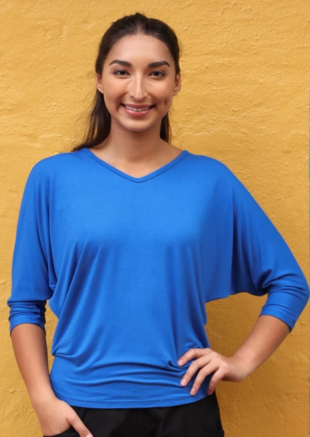 3/4 Sleeve V-neck Batwing Top Electric Blue