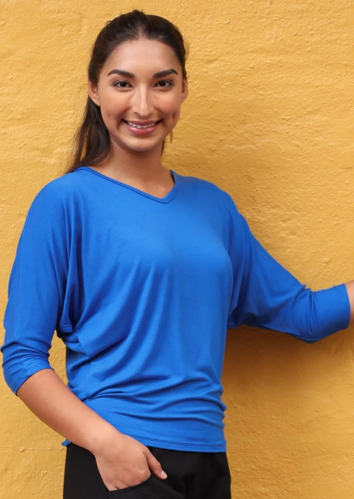3/4 Sleeve V-neck Batwing Top Electric Blue