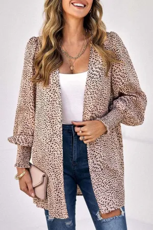 Apricot  Animal Print Shirred Cuff Lantern Sleeve Cardigan