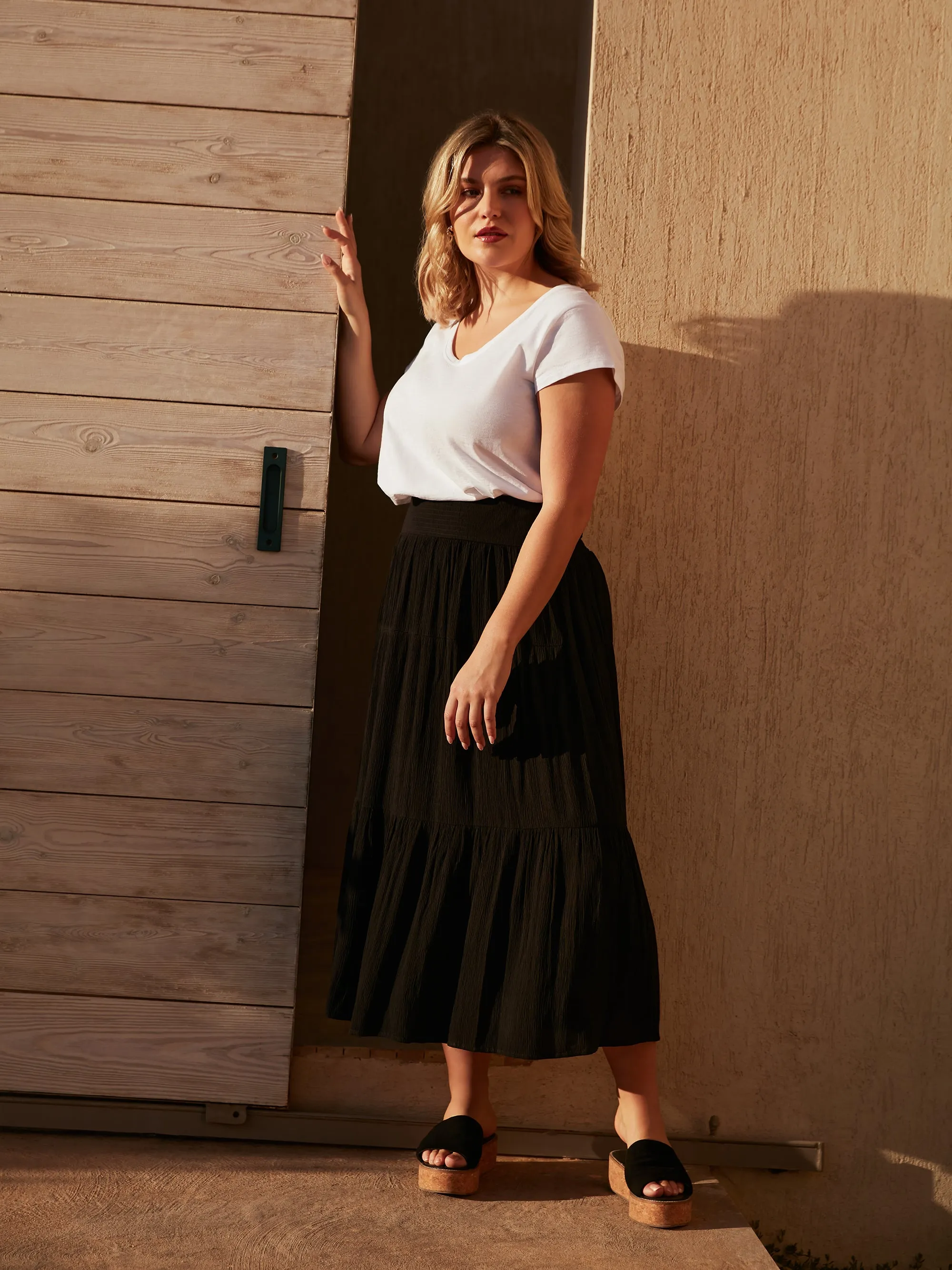 Black Crinkle Tiered Skirt