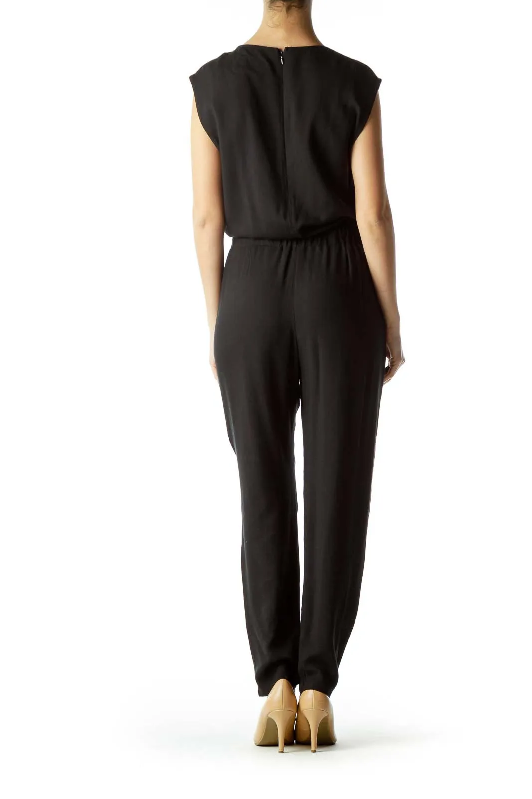 Black Sleeveless Jumpsuit with Leather Trim