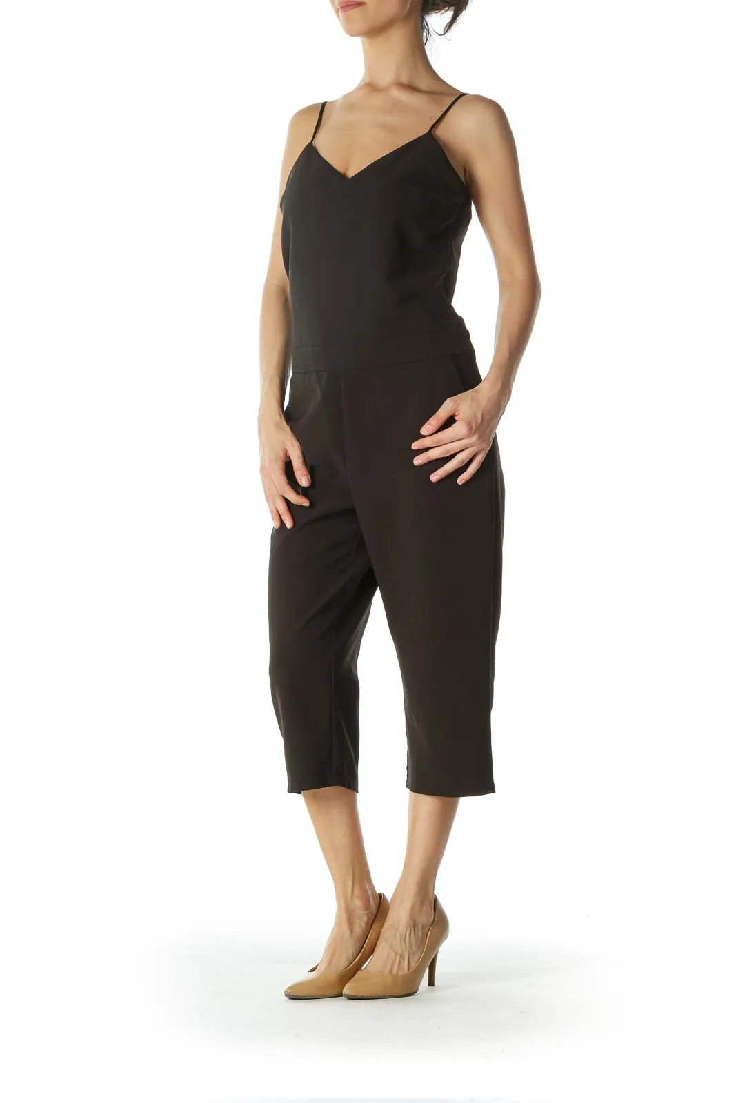 Black Spaghetti-Strap Pocketed Jumpsuit