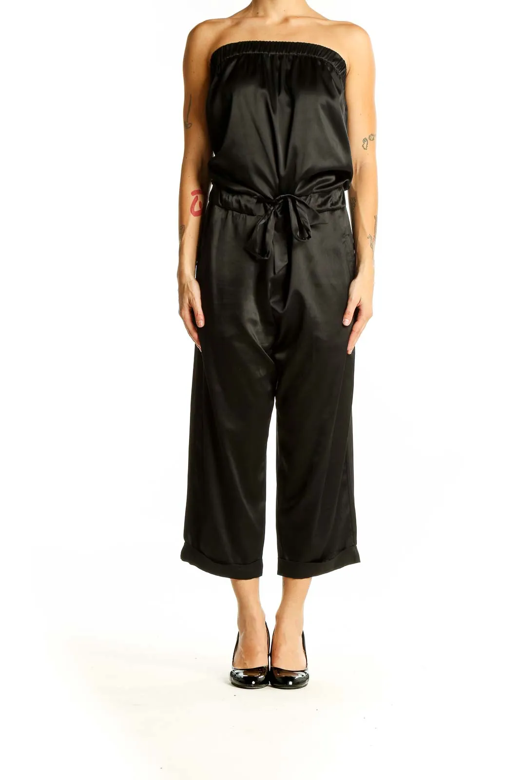 Black Strapless Satin Jumpsuit