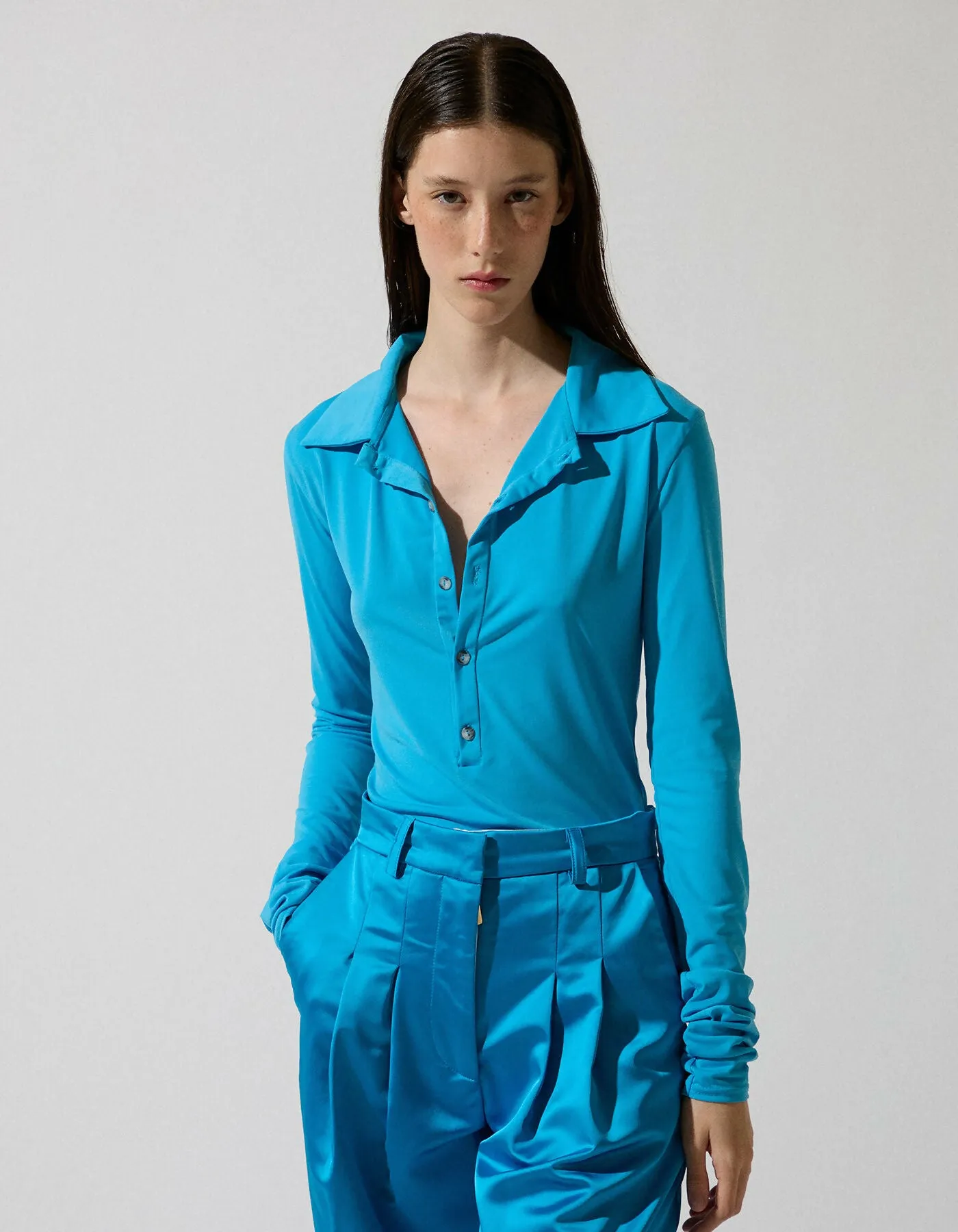 Blue Satin Straight Pants