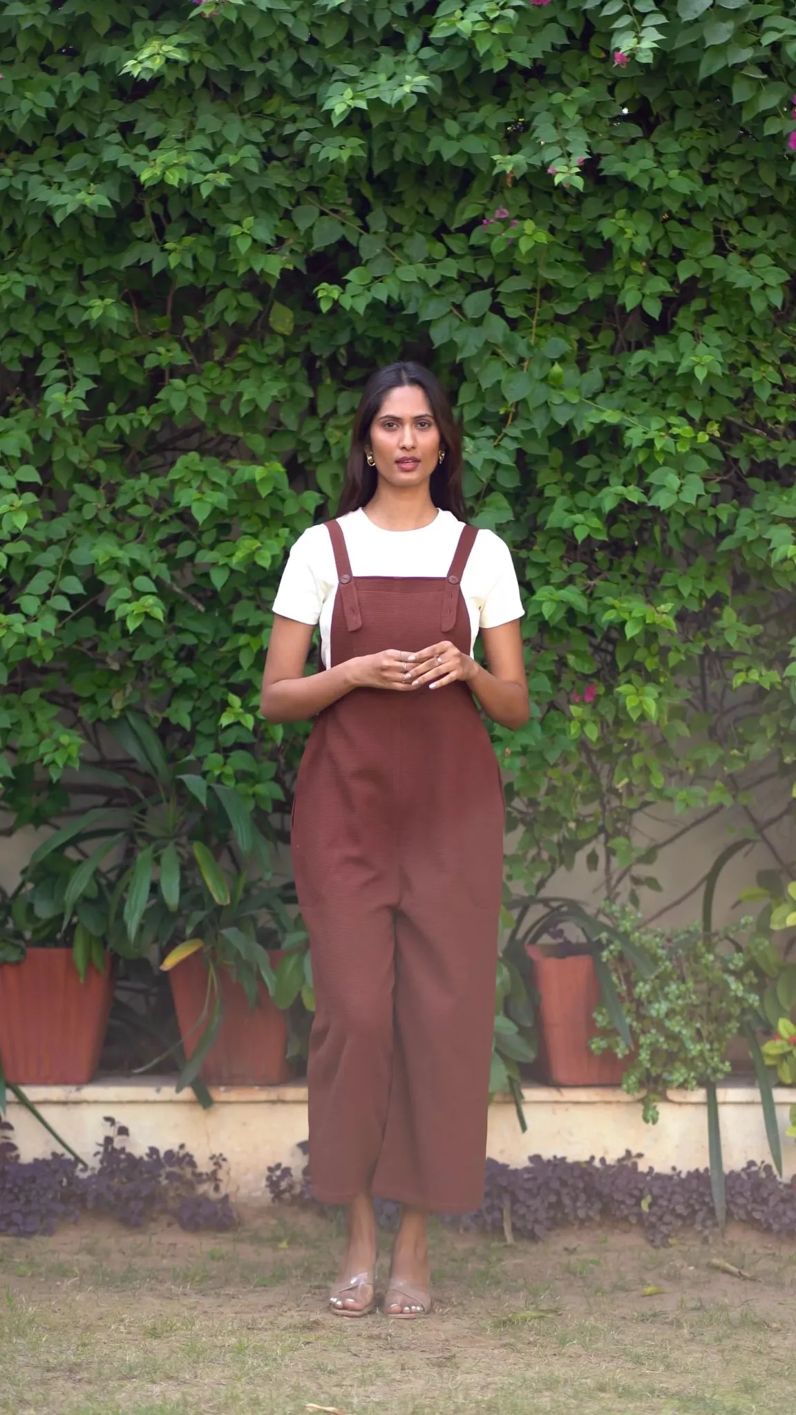 Brown Warm Cotton Waffle Midi Dungaree Jumpsuit