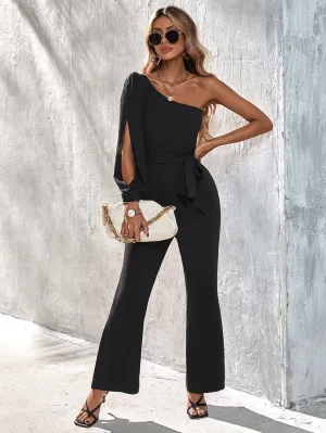 CHICMY- Solid One Shoulder Belted Jumpsuit