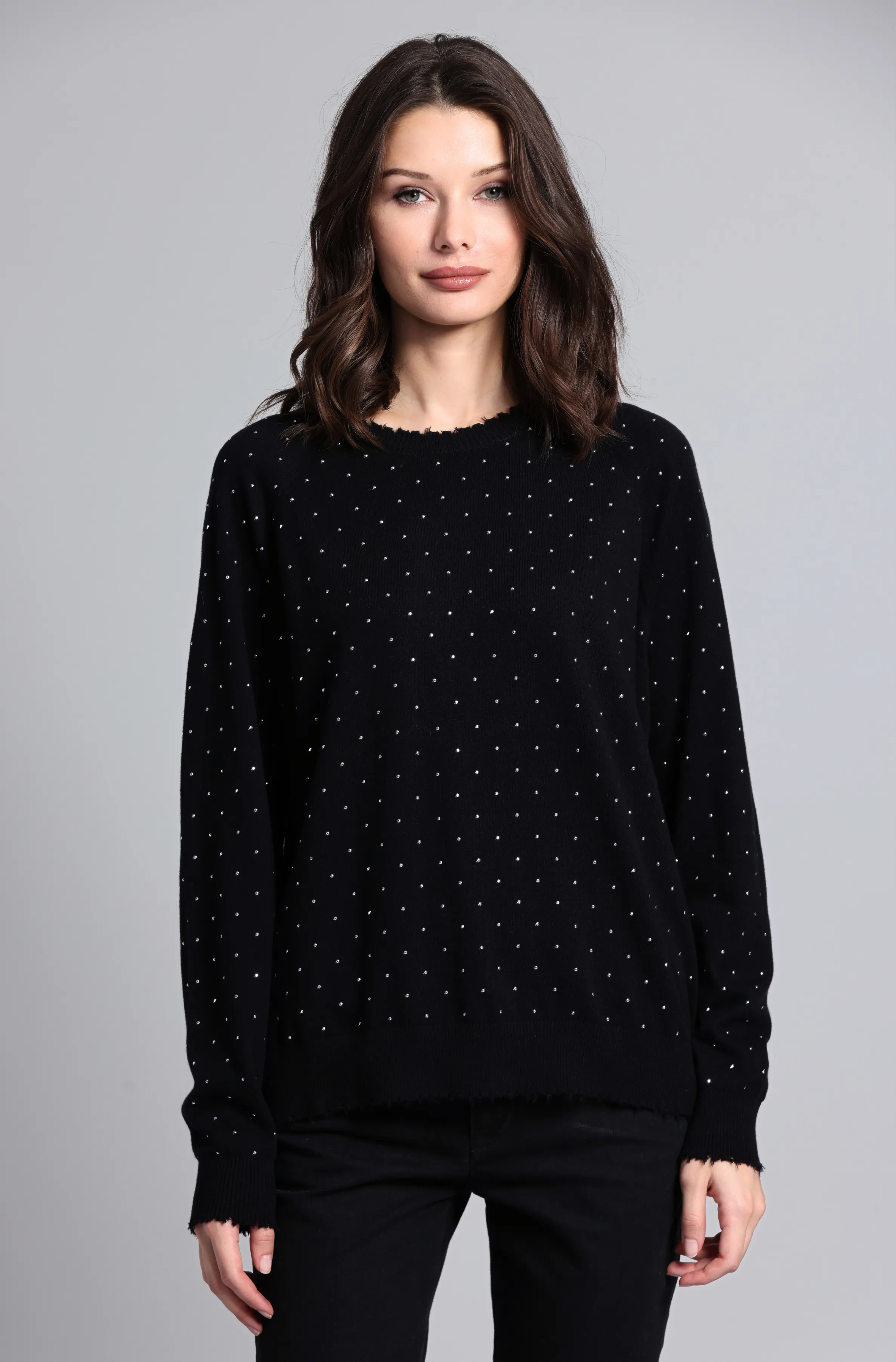 Cotton Cashmere Relaxed Frayed Edge Crew with Studs