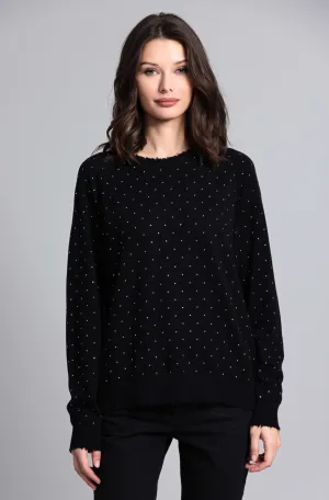 Cotton Cashmere Relaxed Frayed Edge Crew with Studs