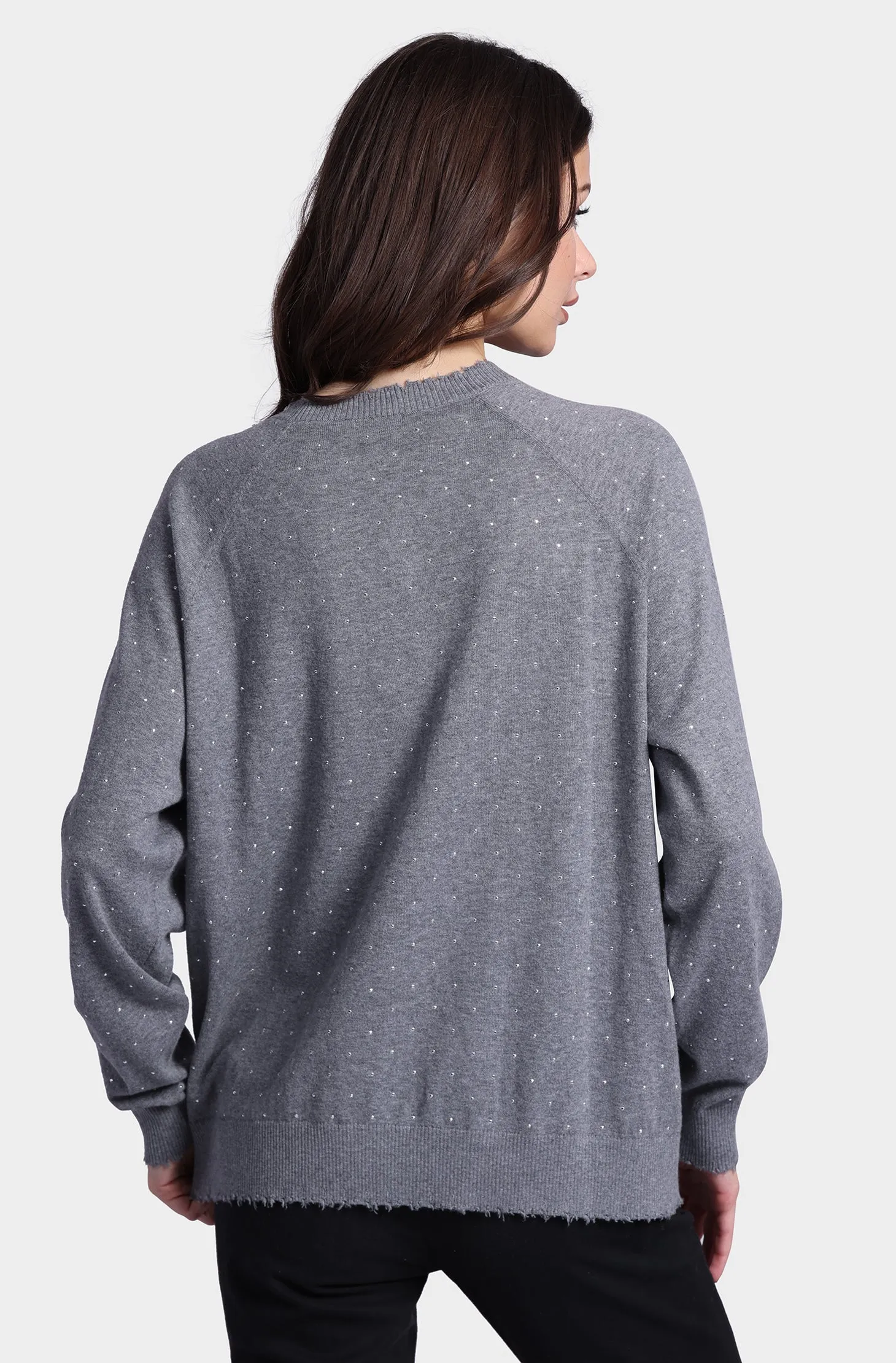 Cotton Cashmere Relaxed Frayed Edge Crew with Studs
