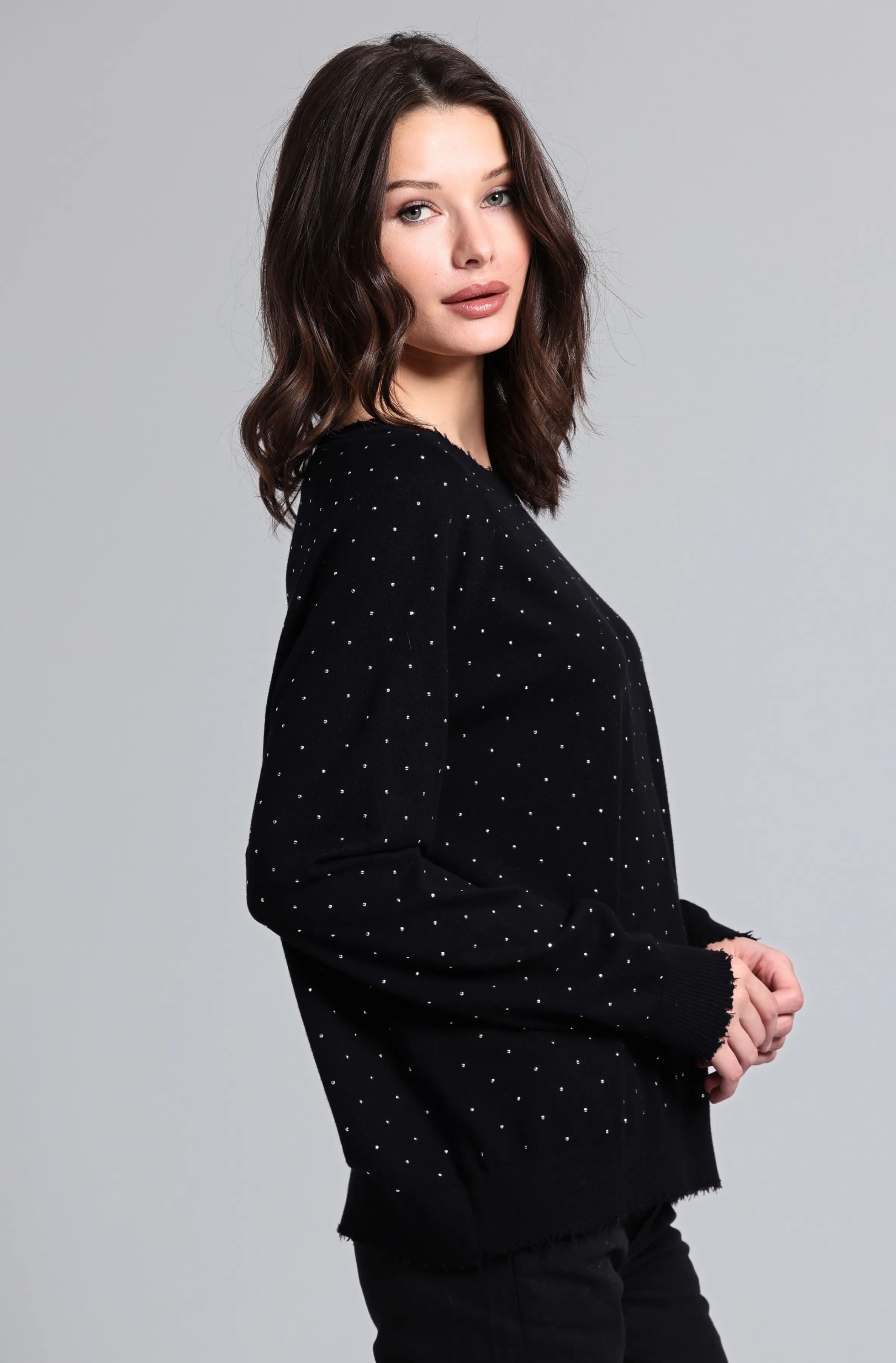 Cotton Cashmere Relaxed Frayed Edge Crew with Studs