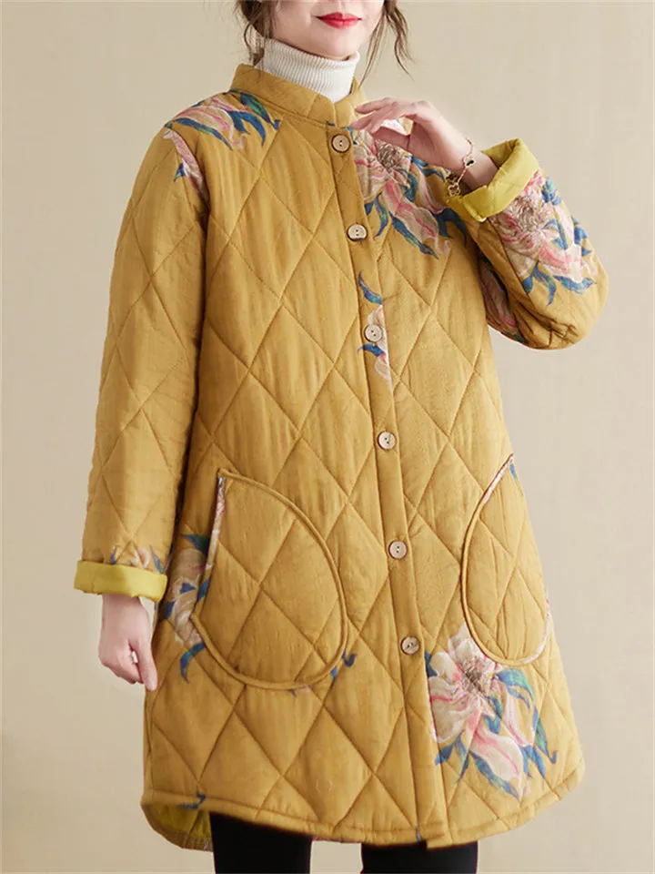 Country Style Stand Collar Button Mid-Length Warm Cotton Coat