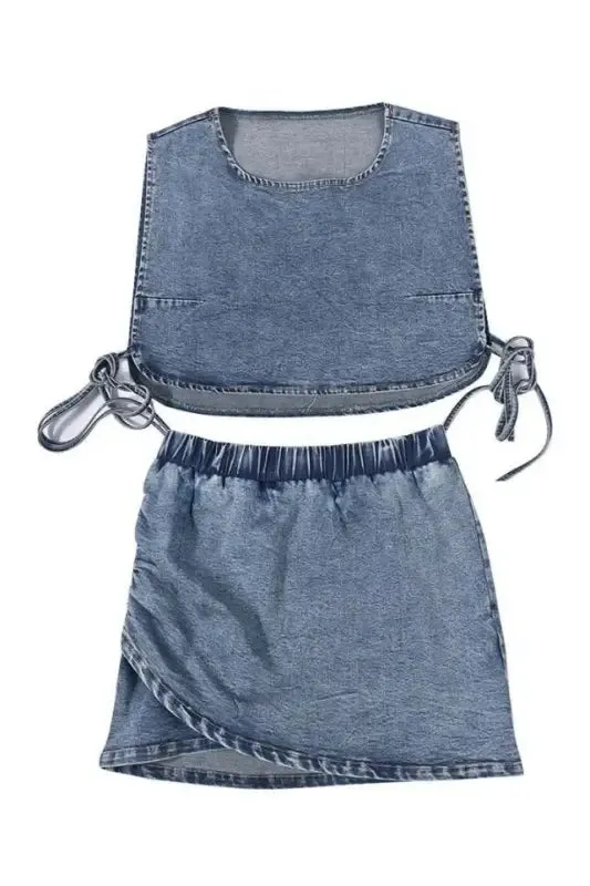 Denim Lace-up Crop Vest Mini Skirt Set