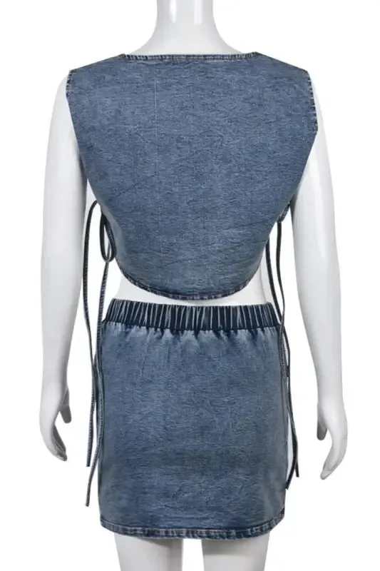 Denim Lace-up Crop Vest Mini Skirt Set