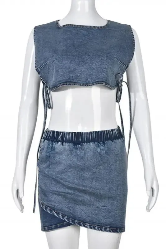 Denim Lace-up Crop Vest Mini Skirt Set