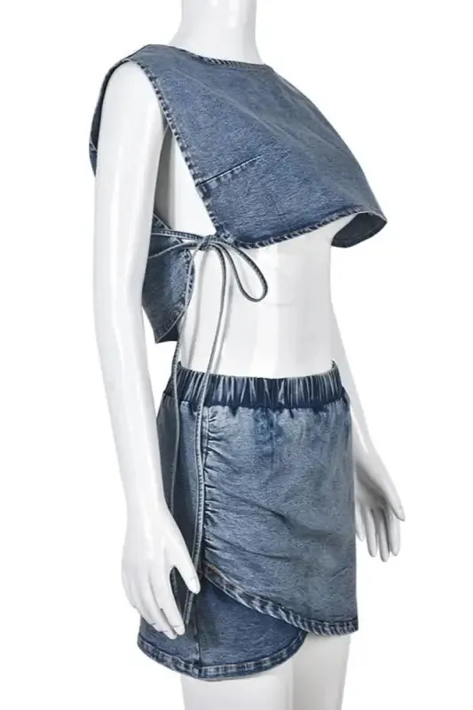 Denim Lace-up Crop Vest Mini Skirt Set
