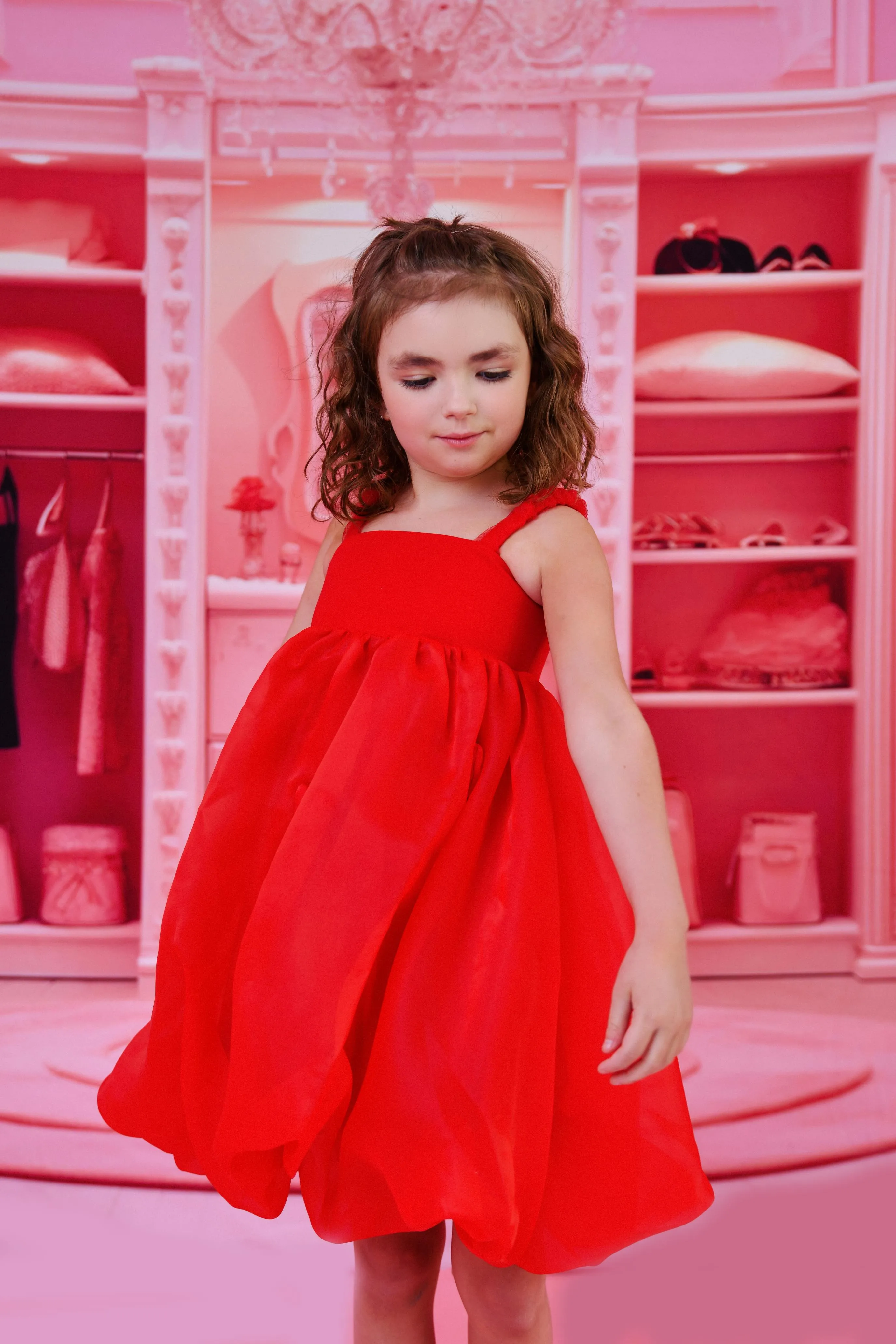 DOLLY WORLD HEART BALLOON ORGANZA DRESS WITH COTTON BODY red