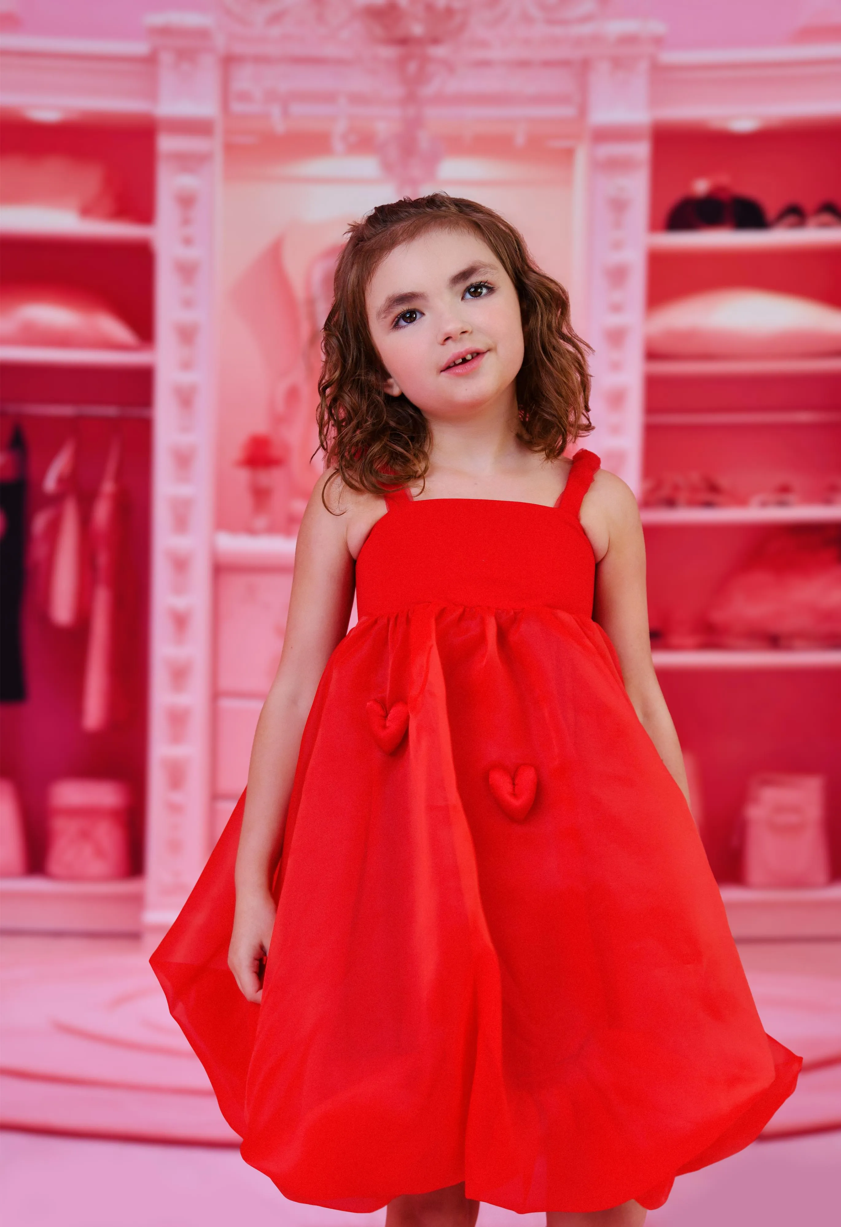 DOLLY WORLD HEART BALLOON ORGANZA DRESS WITH COTTON BODY red