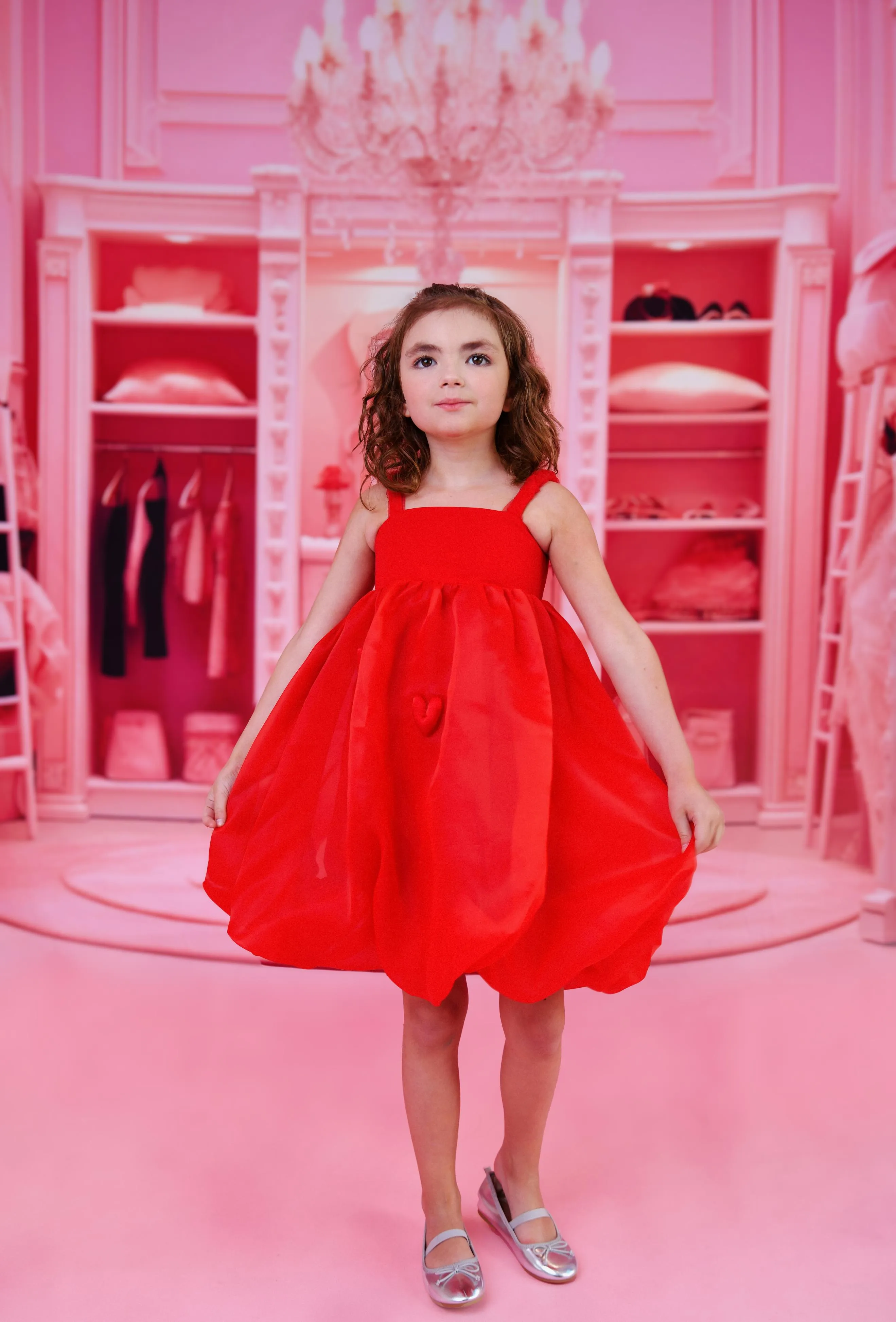 DOLLY WORLD HEART BALLOON ORGANZA DRESS WITH COTTON BODY red