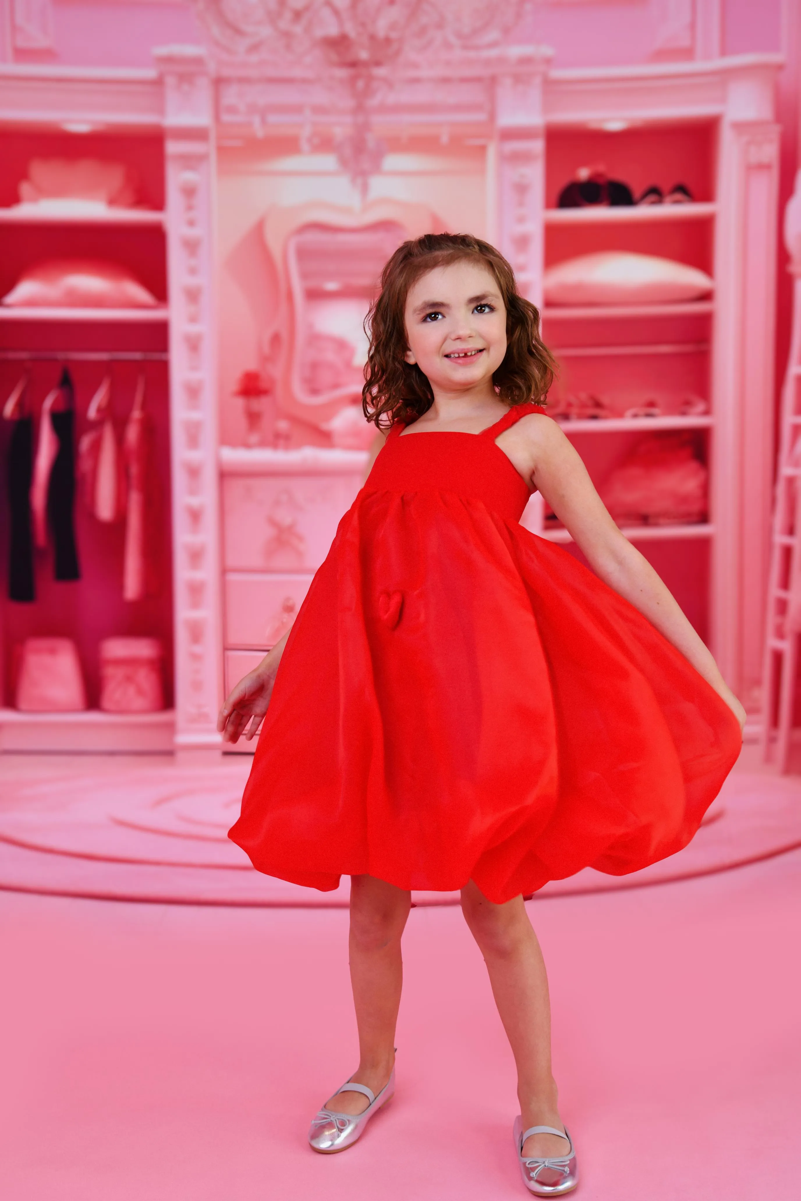 DOLLY WORLD HEART BALLOON ORGANZA DRESS WITH COTTON BODY red