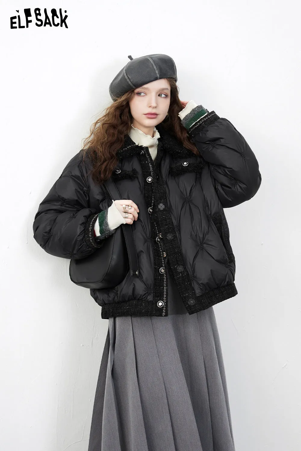 ELFSACK Tweed Spliced Warm Down Coats Women 2023 Winter Loose Short Casual Coats
