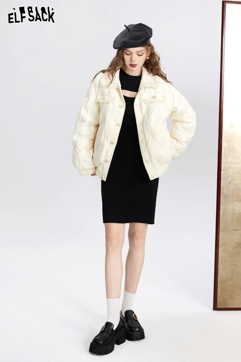 ELFSACK Tweed Spliced Warm Down Coats Women 2023 Winter Loose Short Casual Coats