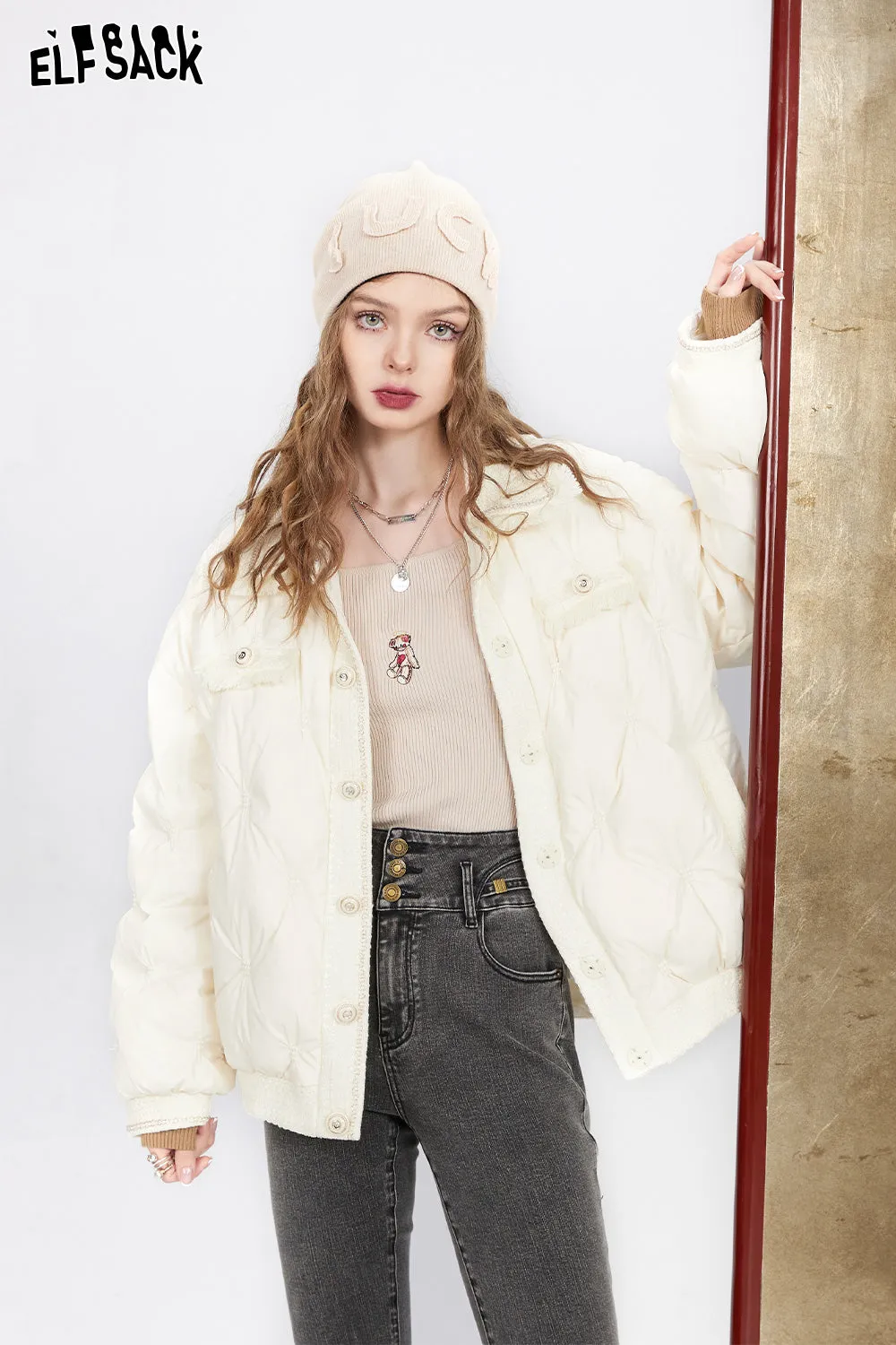 ELFSACK Tweed Spliced Warm Down Coats Women 2023 Winter Loose Short Casual Coats