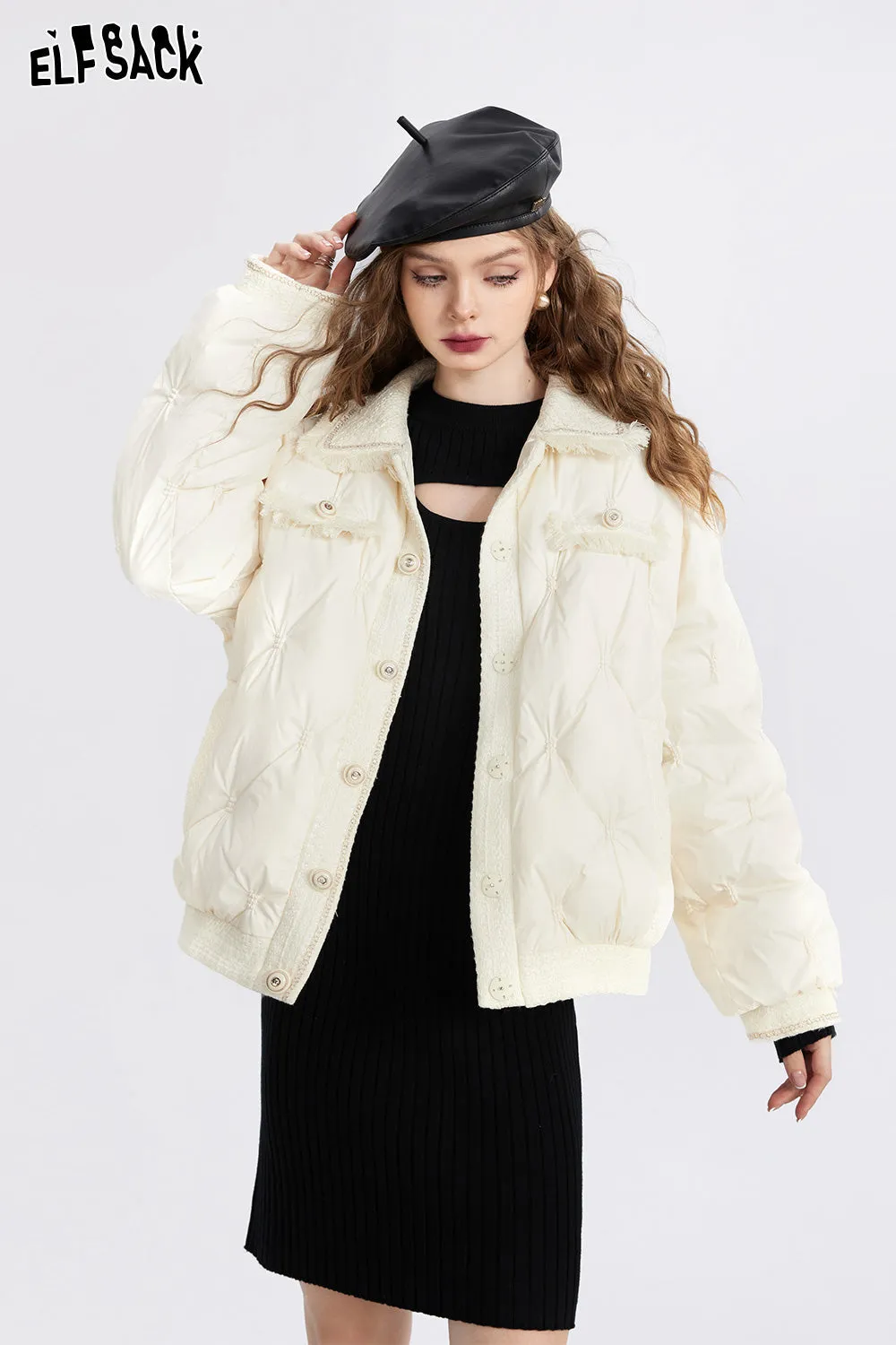 ELFSACK Tweed Spliced Warm Down Coats Women 2023 Winter Loose Short Casual Coats