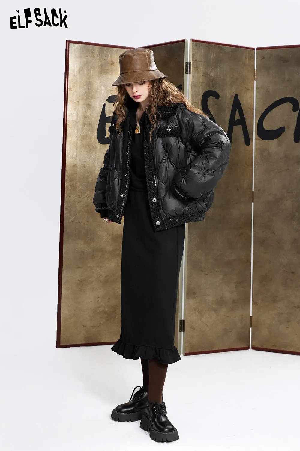 ELFSACK Tweed Spliced Warm Down Coats Women 2023 Winter Loose Short Casual Coats