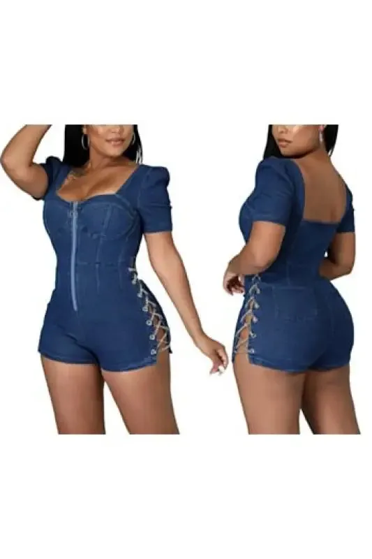 Eyelet Metal-Chain Detailed Denim Romper (S-2XL)