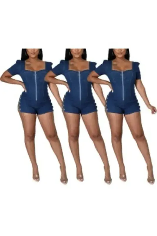 Eyelet Metal-Chain Detailed Denim Romper (S-2XL)