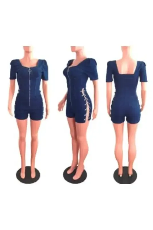 Eyelet Metal-Chain Detailed Denim Romper (S-2XL)