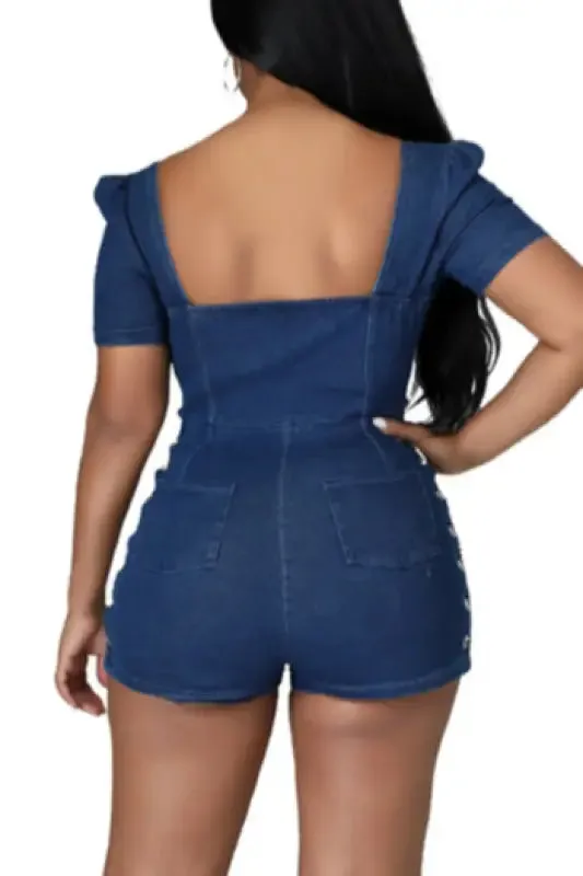 Eyelet Metal-Chain Detailed Denim Romper (S-2XL)