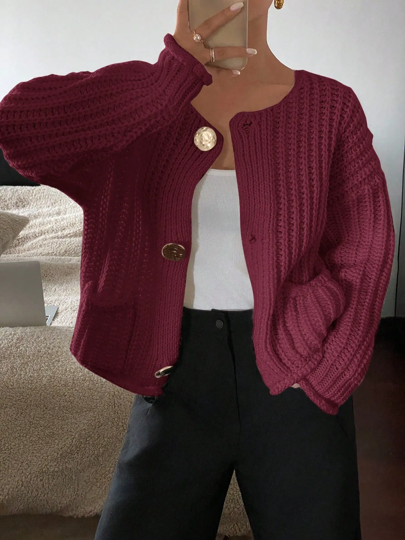 Frenchy Women's Solid Color Front Button Long Sleeve Simple Casual Blouse For Daily Wear