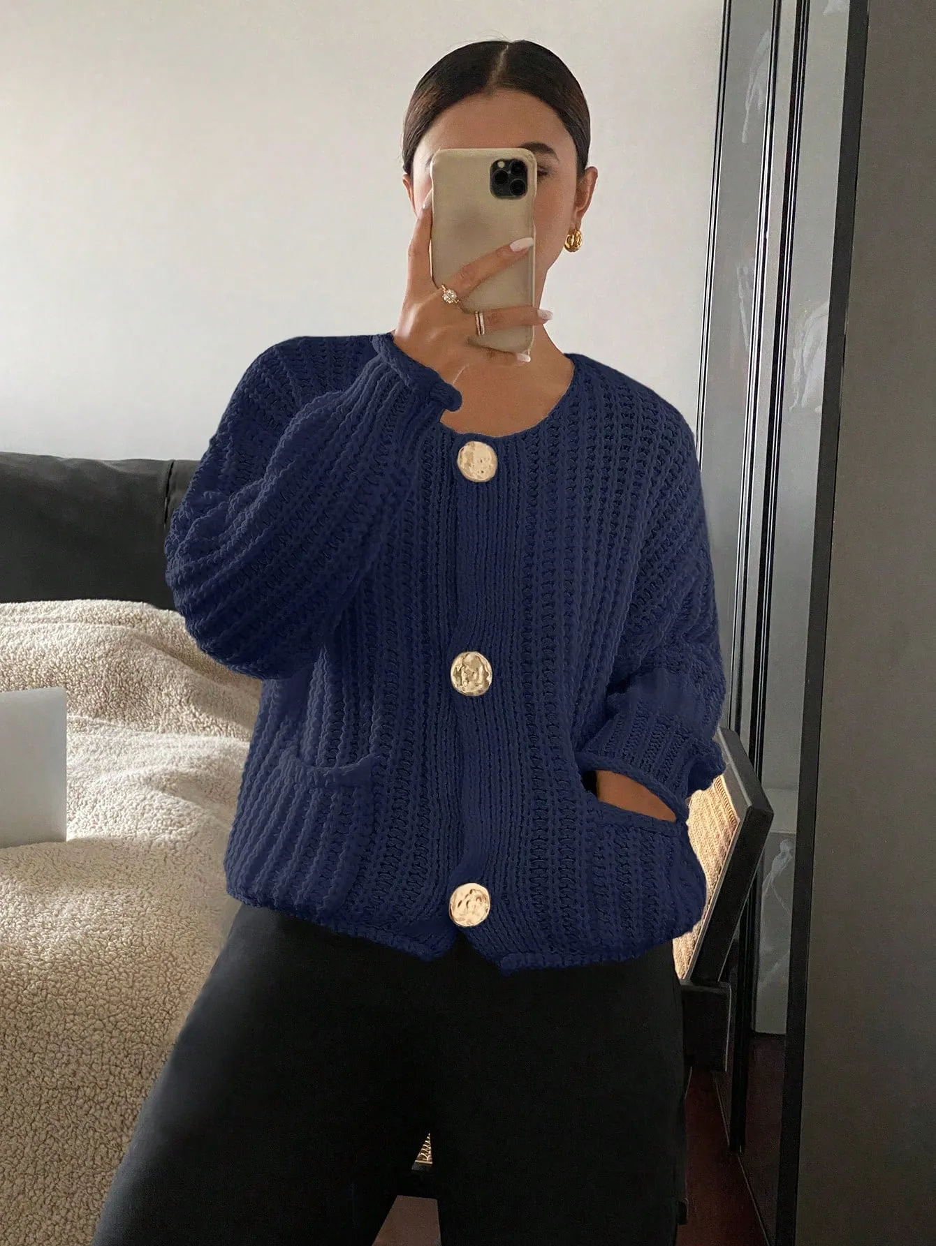 Frenchy Women's Solid Color Front Button Long Sleeve Simple Casual Blouse For Daily Wear
