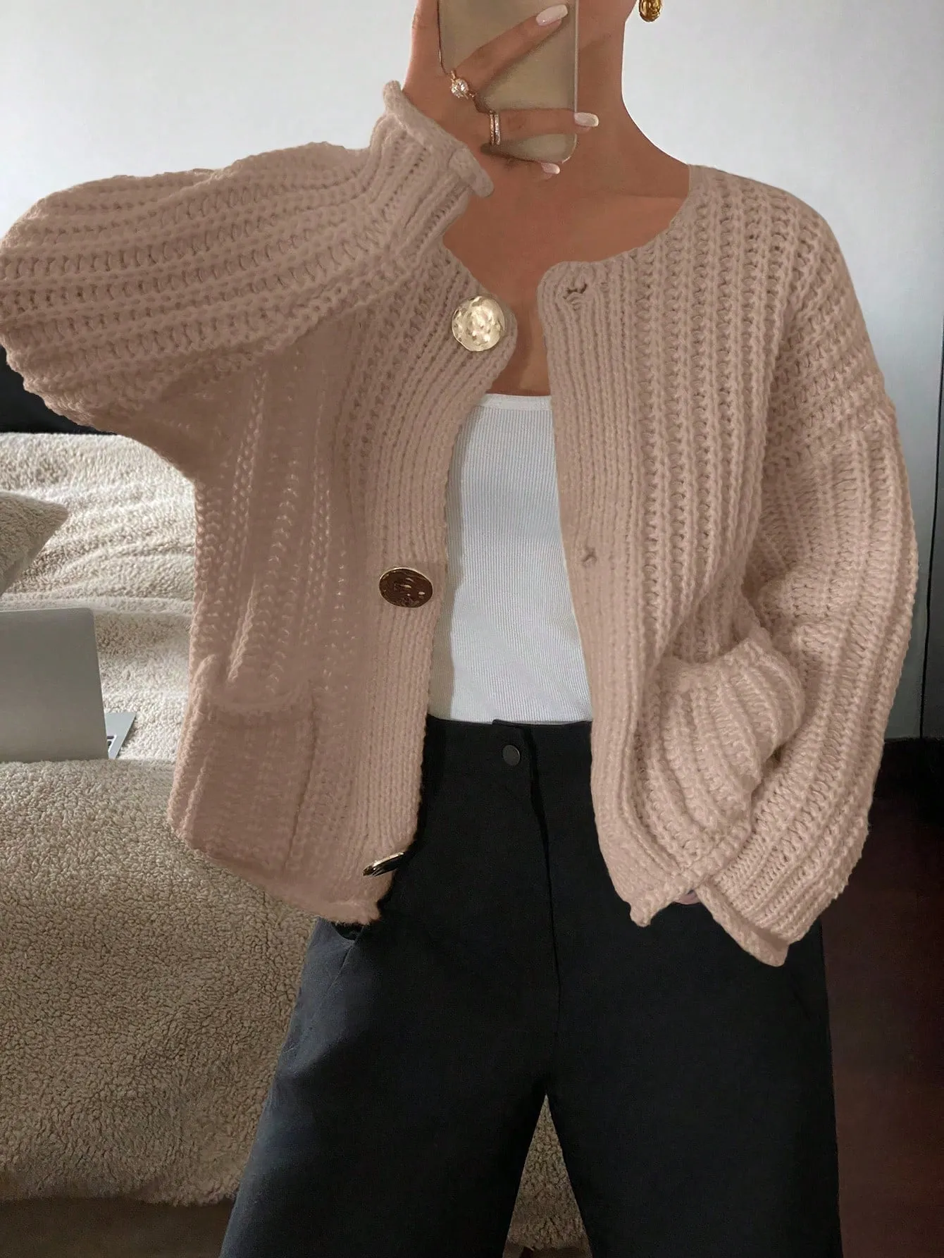 Frenchy Women's Solid Color Front Button Long Sleeve Simple Casual Blouse For Daily Wear