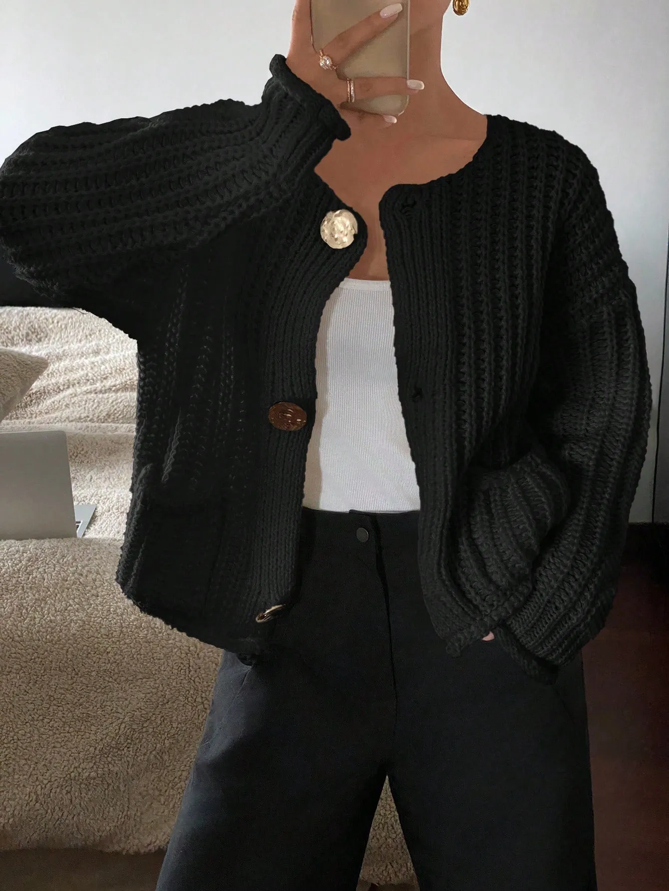 Frenchy Women's Solid Color Front Button Long Sleeve Simple Casual Blouse For Daily Wear