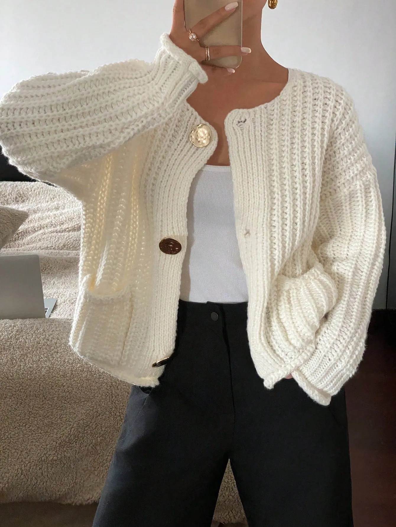 Frenchy Women's Solid Color Front Button Long Sleeve Simple Casual Blouse For Daily Wear