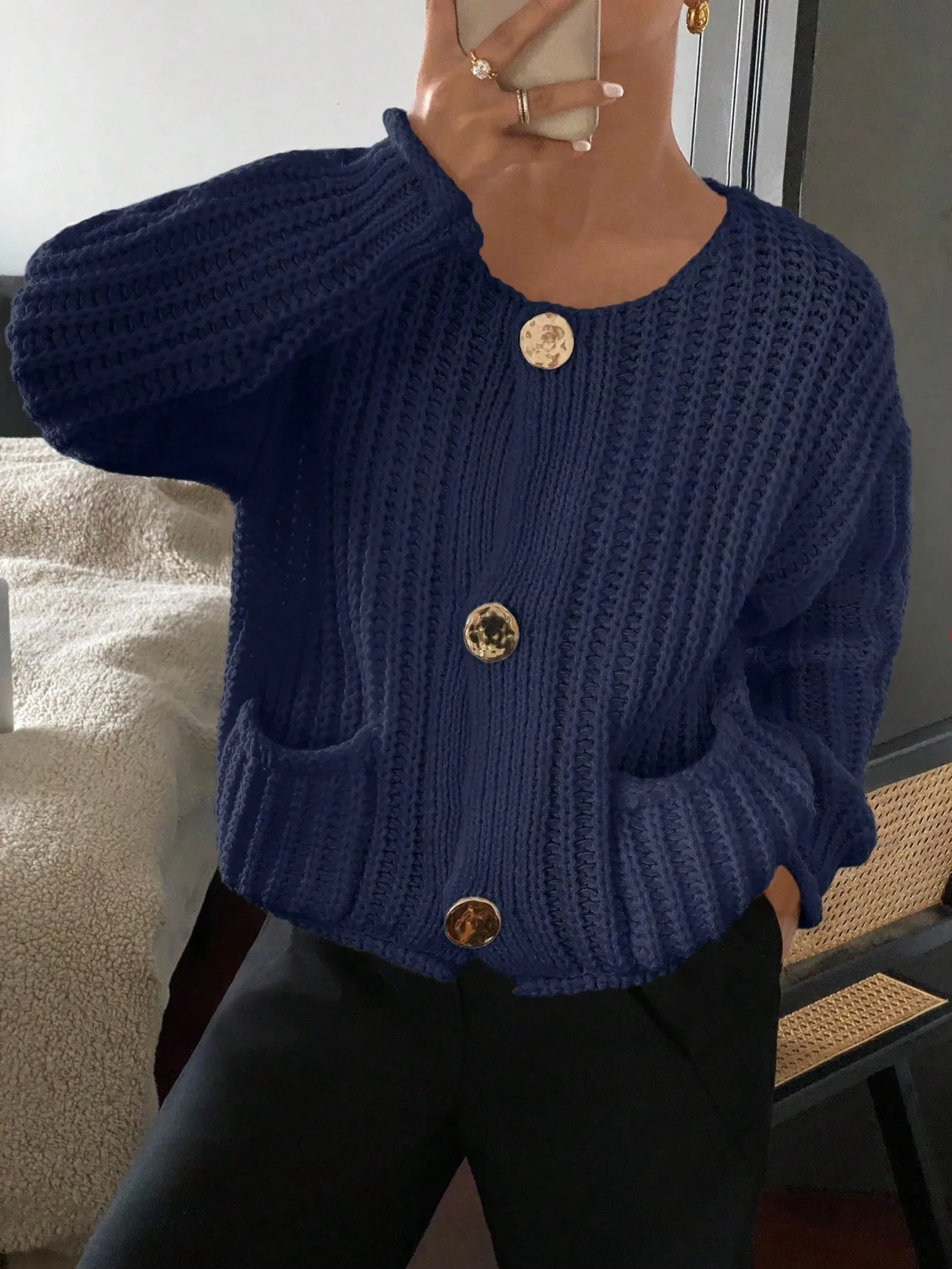 Frenchy Women's Solid Color Front Button Long Sleeve Simple Casual Blouse For Daily Wear