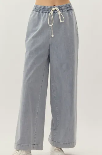 Front Draw String Wide Leg Chambray Pants