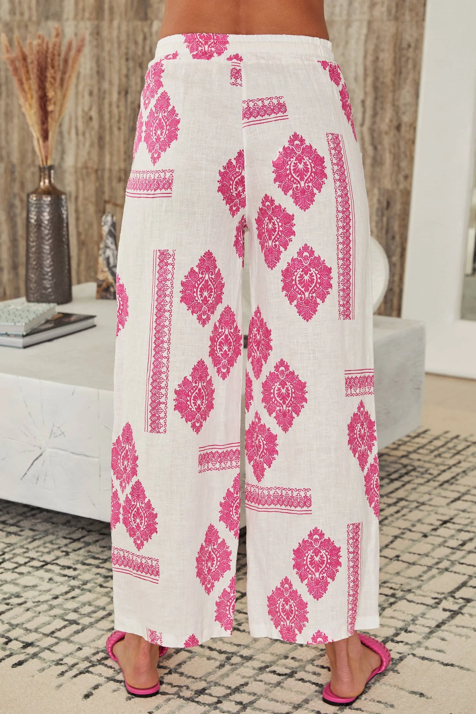 Fuchsia Linen Damask Drawstring Waist Pants