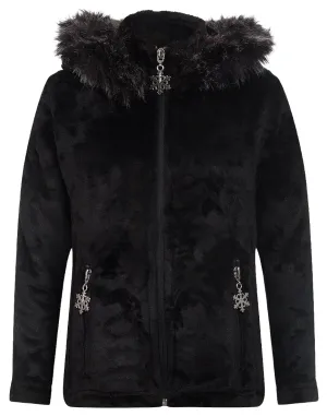 Girls Black Soft Fleece Faux Fur Trim Hood Warm Winter Jacket