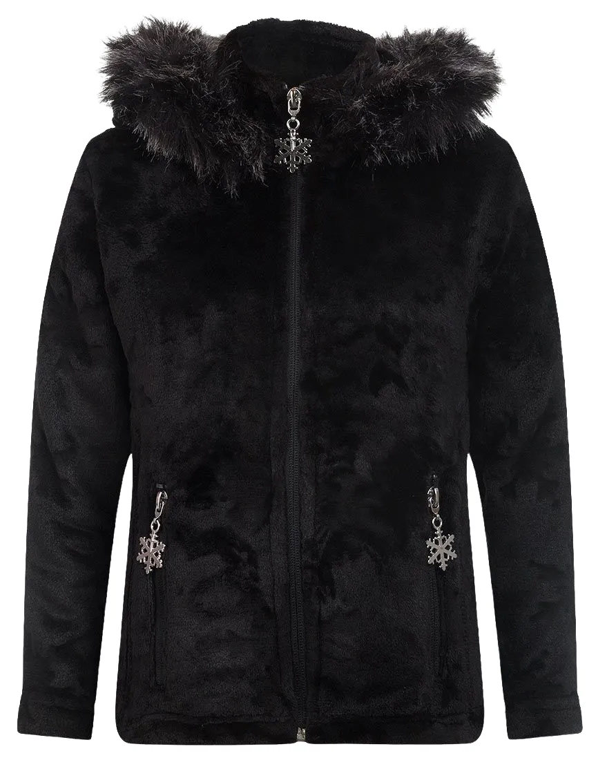 Girls Black Soft Fleece Faux Fur Trim Hood Warm Winter Jacket