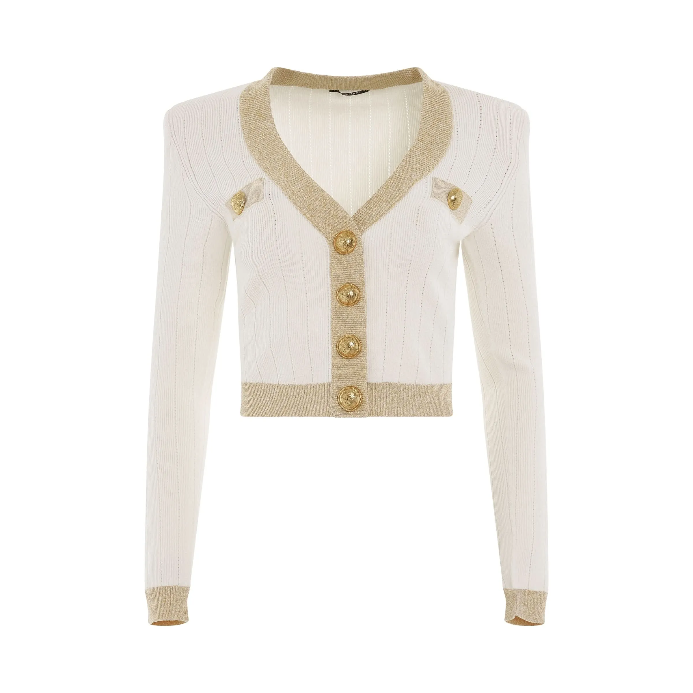 Gold Edge Buttoned Knit Cropped Cardigan in Natural/Gold