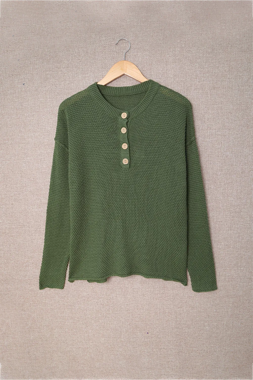 Henley Pullover Drop Shoulder Sweater with Slits