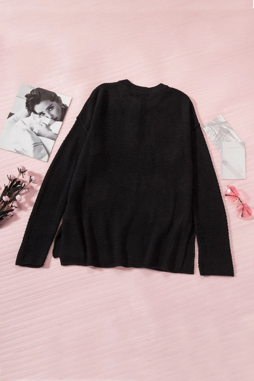 Henley Pullover Drop Shoulder Sweater with Slits