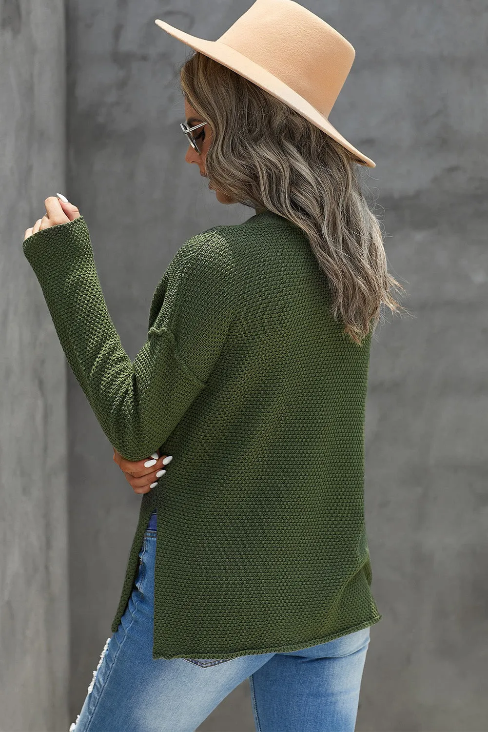 Henley Pullover Drop Shoulder Sweater with Slits