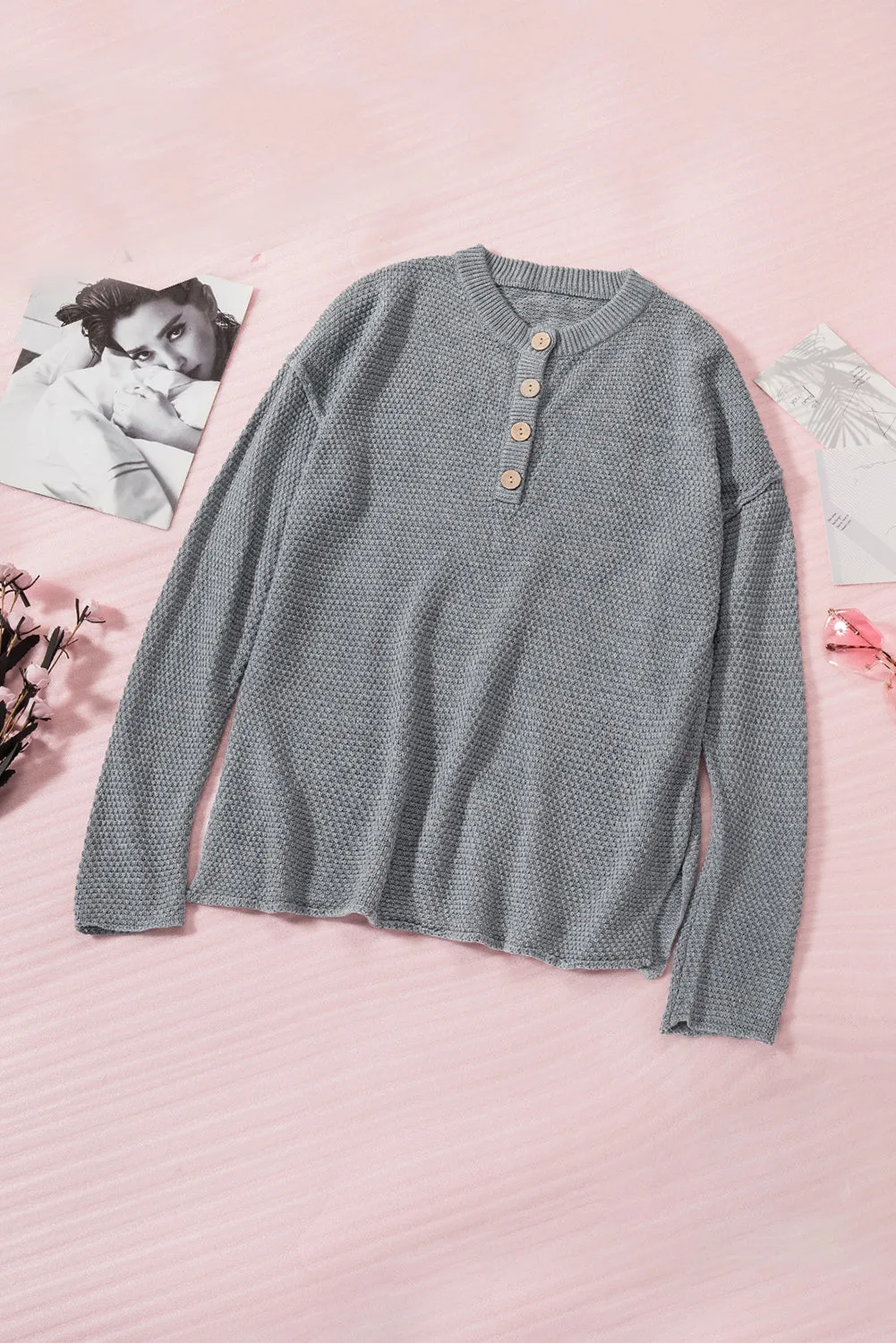 Henley Pullover Drop Shoulder Sweater with Slits