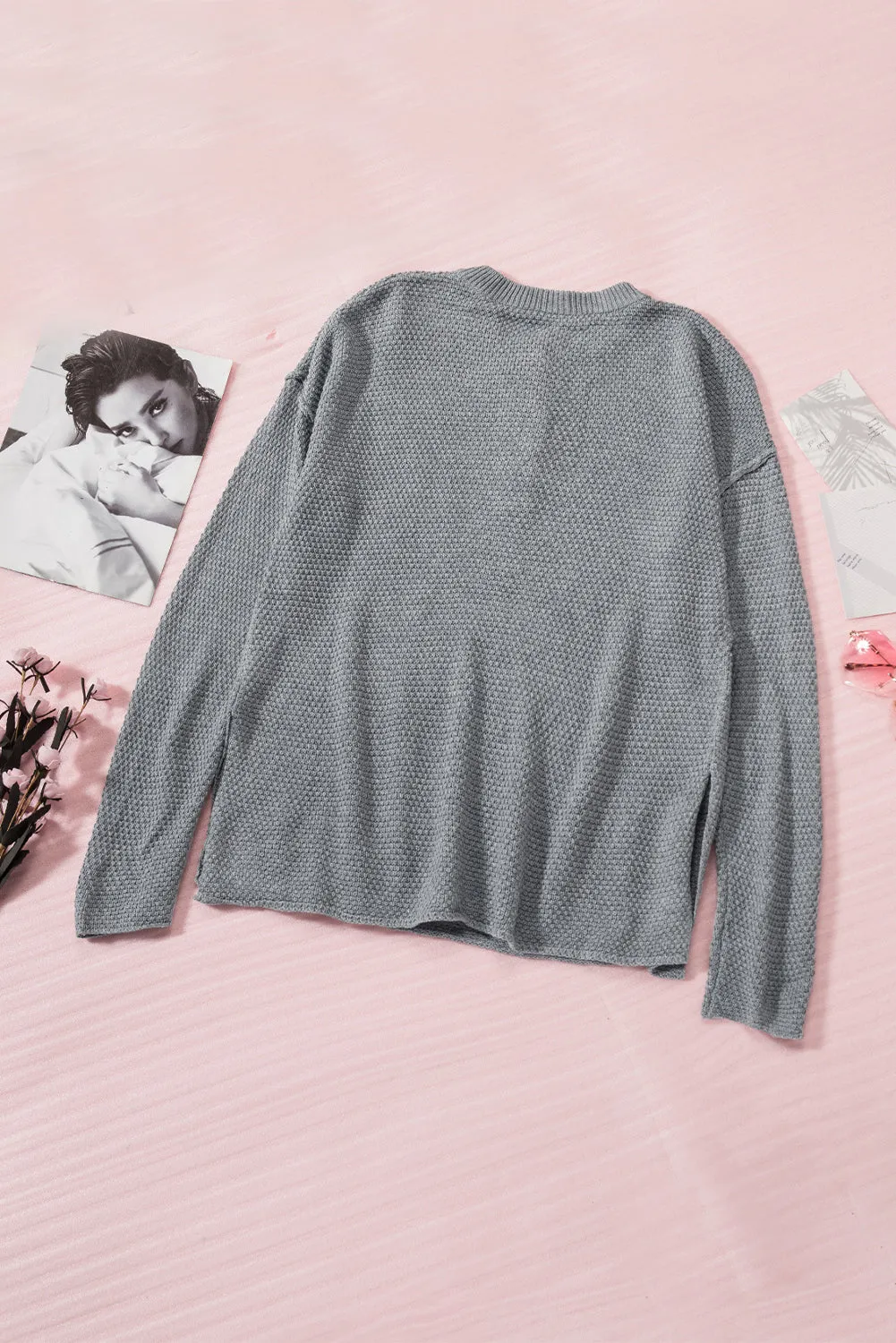Henley Pullover Drop Shoulder Sweater with Slits