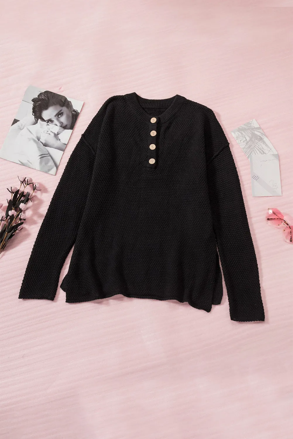 Henley Pullover Drop Shoulder Sweater with Slits