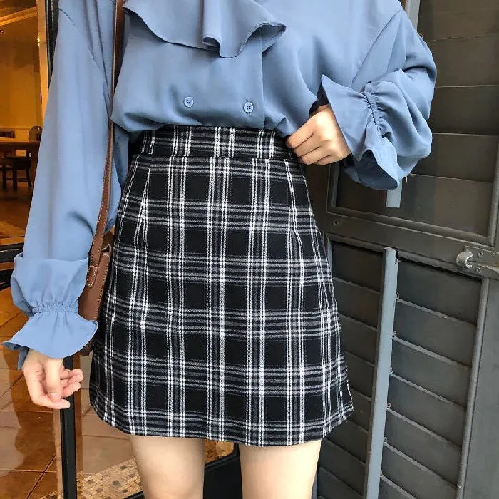 Hong Kong Vintage High Waist Korean Chequered Skirt Hip Flattering Women Student Skirt